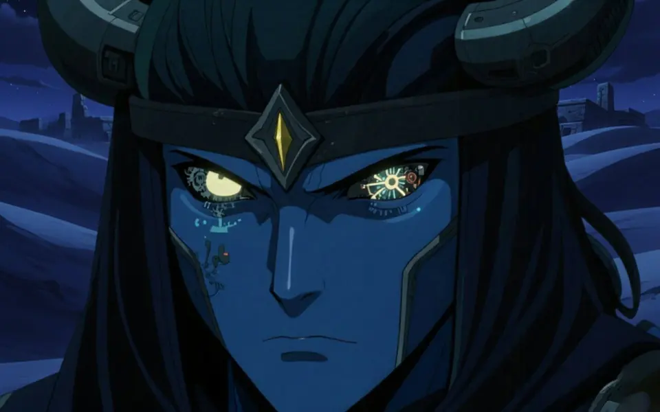 Key art from The Two Weights: a horned figure with glowing, mechanical eyes