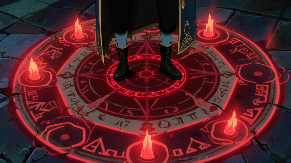 Still: a figure standing in a burning ritual circle