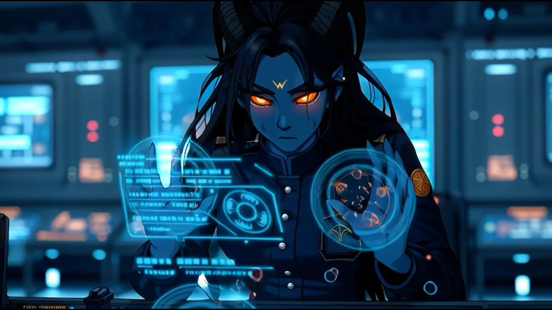 Still from The Two Weights: a horned woman with burning eyes at a wall of holographic screens