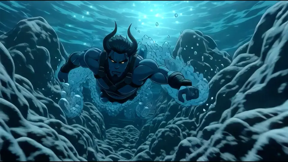 Still: a horned figure diving through deep water