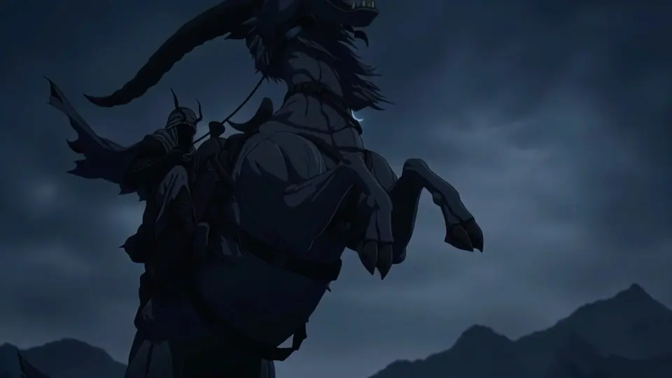 Still: a rider on a rearing beast against a storm sky