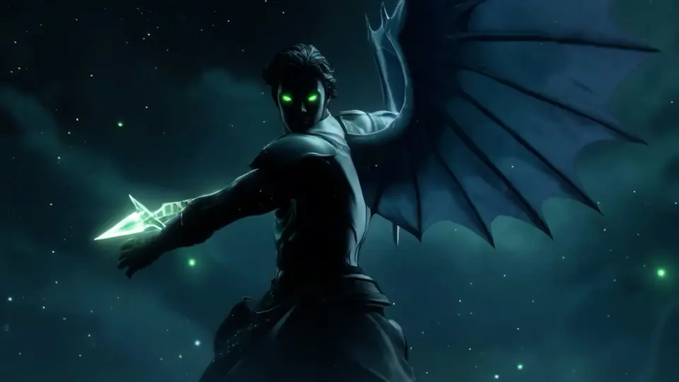 Still: a winged figure with green eyes holding a spear of light